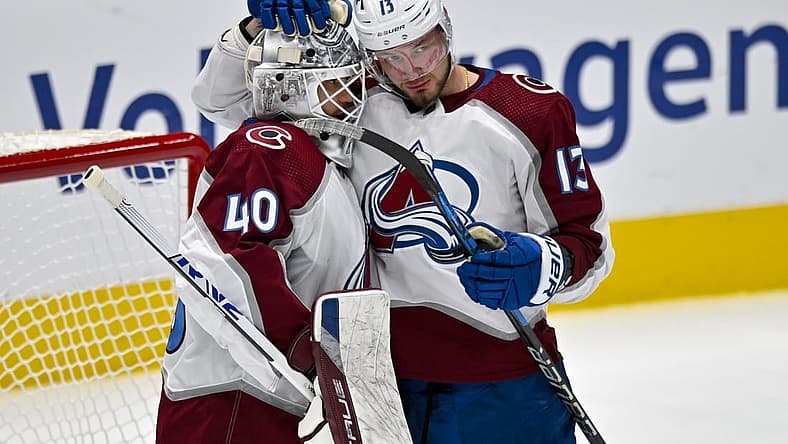 Nov 18, 2023; Dallas, Texas, USA; Colorado Avalanche right wing Valeri Nichushkin (13) and goaltender Alexandar Georgiev (40) celebrate after the Avalanche victory over the Dallas Stars at the American Airlines Center. Mandatory Credit: Jerome Miron-USA TODAY Sports