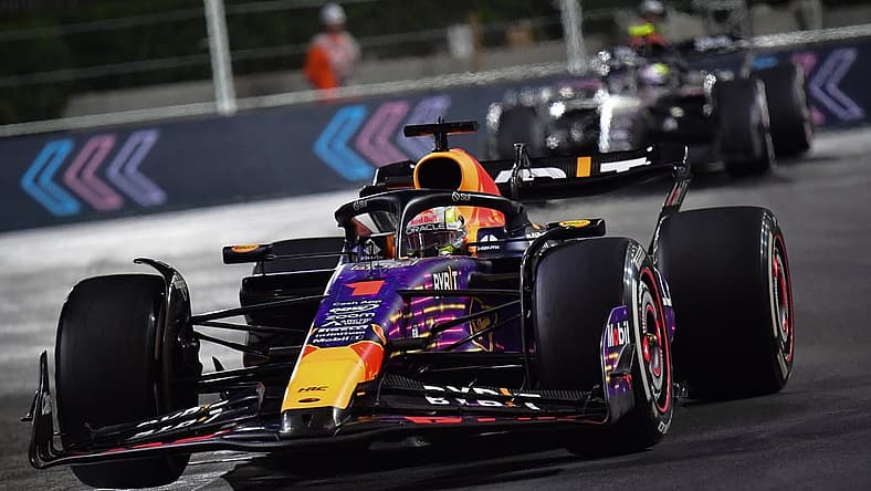 Nov 18, 2023; Las Vegas, Nevada, USA; Red Bull Racing driver Max Verstappen of The Netherlands (1) during the Las Vegas Grand Prix at Las Vegas Strip Circuit. Mandatory Credit: Gary A. Vasquez-USA TODAY Sports