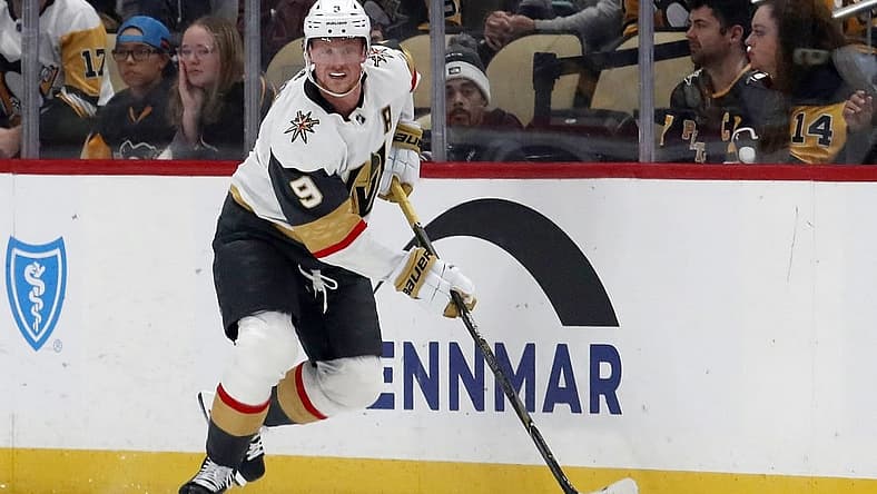 Nov 19, 2023; Pittsburgh, Pennsylvania, USA; Vegas Golden Knights center Jack Eichel (9) moves the puck against the Pittsburgh Penguins during the first period at PPG Paints Arena. Mandatory Credit: Charles LeClaire-USA TODAY Sports