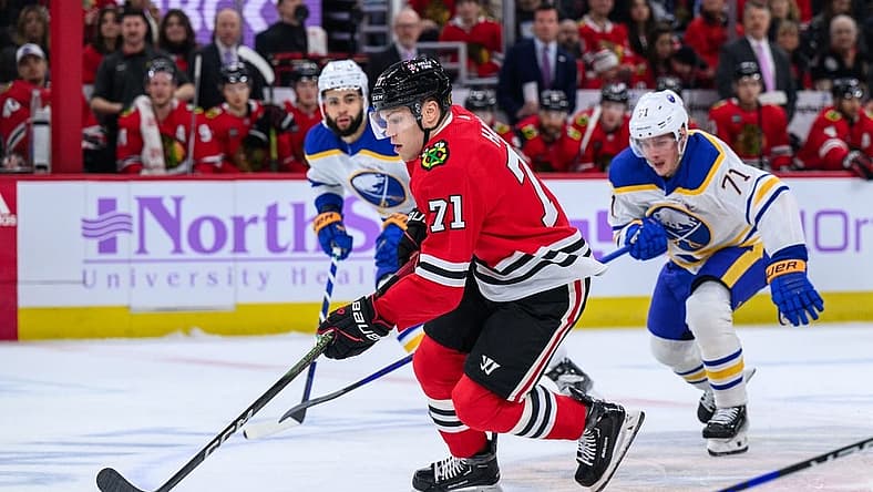 Nov 19, 2023; Chicago, Illinois, USA; Chicago Blackhawks left wing Taylor Hall (71) skates with the puck against the Buffalo Sabres during the first period at the United Center. Mandatory Credit: Daniel Bartel-USA TODAY Sports