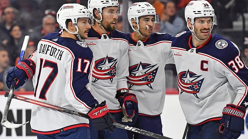 Nov 19, 2023; Philadelphia, Pennsylvania, USA; Columbus Blue Jackets defenseman Ivan Provorov (9) celebrates his goal with with teammates against the Philadelphia Flyers during the second period at Wells Fargo Center. Mandatory Credit: Eric Hartline-USA TODAY Sports