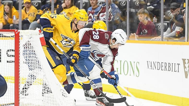 Nov 20, 2023; Nashville, Tennessee, USA; Nashville Predators center Juuso Parssinen (75) and Colorado Avalanche left wing Miles Wood (28) fight for the puck during the second period at Bridgestone Arena. Mandatory Credit: Steve Roberts-USA TODAY Sports