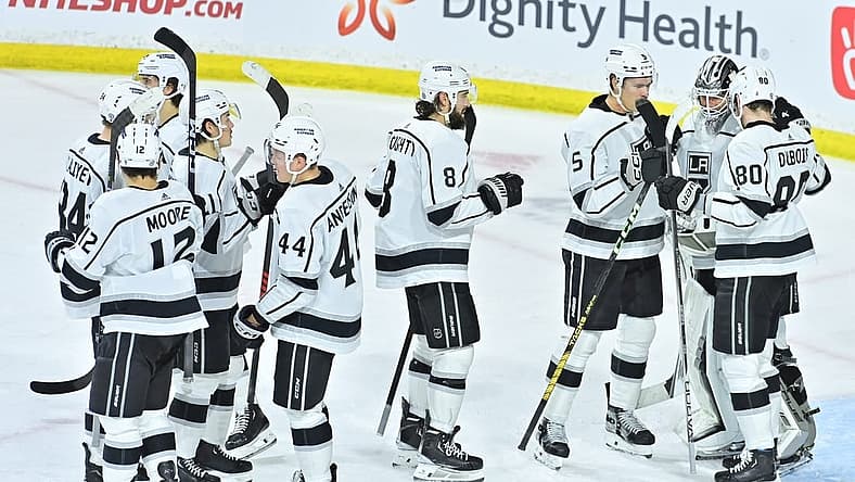 Nov 20, 2023; Tempe, Arizona, USA; The Los Angeles Kings celebrate after beating the Arizona Coyotes 4-1 at Mullett Arena. Mandatory Credit: Matt Kartozian-USA TODAY Sports