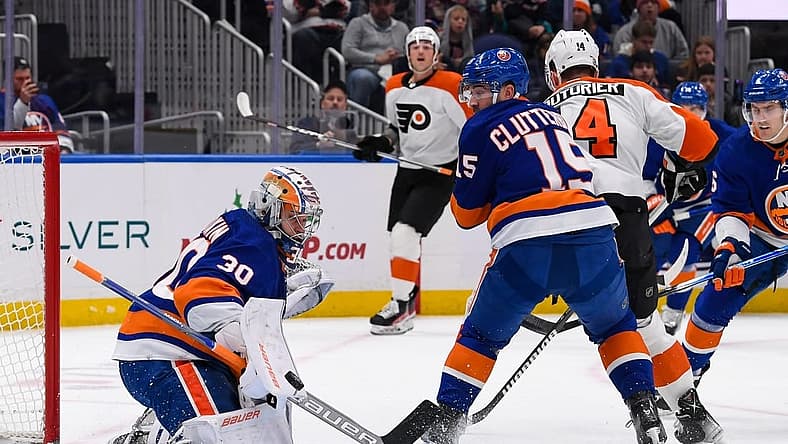 Nov 22, 2023; Elmont, New York, USA; New York Islanders goaltender Ilya Sorokin (30) makes a save against the Philadelphia Flyers during the first period at UBS Arena. Mandatory Credit: Dennis Schneidler-USA TODAY Sports
