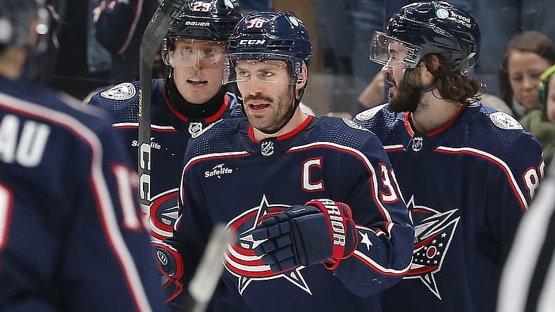 Nov 22, 2023; Columbus, Ohio, USA; Columbus Blue Jackets center Boone Jenner (38) celebrates his goal against the Chicago Blackhawks during the first period at Nationwide Arena. Mandatory Credit: Russell LaBounty-USA TODAY Sports