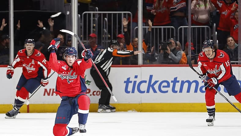 Nov 22, 2023; Washington, District of Columbia, USA; Washington Capitals center Dylan Strome (17) celebrates after scoring the game winning goal in overtime against the Buffalo Sabres at Capital One Arena. Mandatory Credit: Geoff Burke-USA TODAY Sports