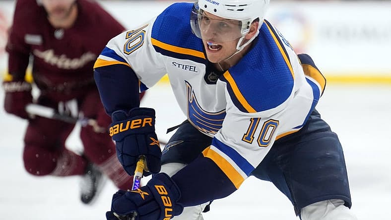 Nov 22, 2023; Tempe, Arizona, USA; St. Louis Blues center Brayden Schenn (10) skates against the Arizona Coyotes during the second period at Mullett Arena. Mandatory Credit: Joe Camporeale-USA TODAY Sports
