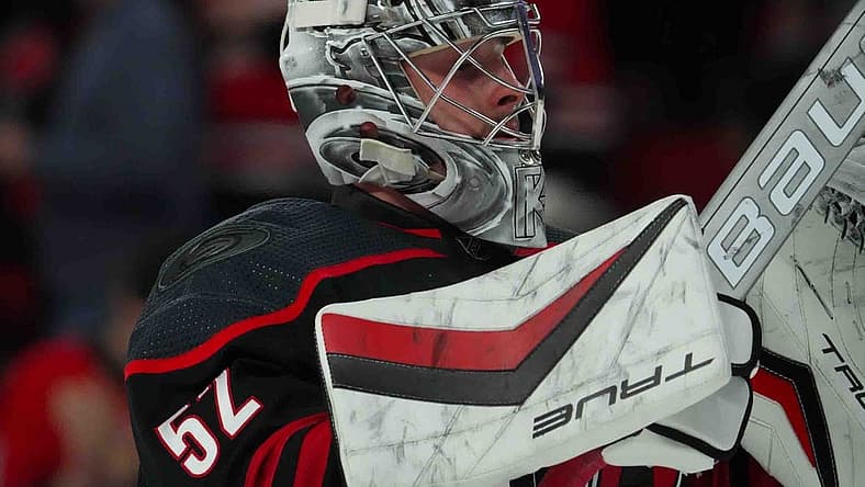 Nov 22, 2023; Raleigh, North Carolina, USA; Carolina Hurricanes goaltender Pyotr Kochetkov (52) looks on against the Edmonton Oilers during the second period at PNC Arena. Mandatory Credit: James Guillory-USA TODAY Sports
