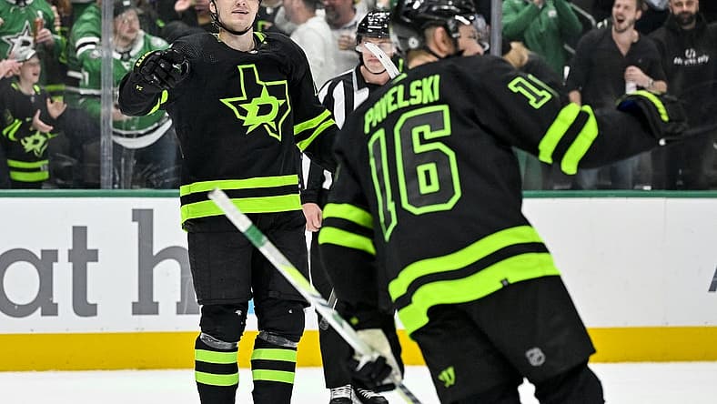 Nov 22, 2023; Dallas, Texas, USA; Dallas Stars center Roope Hintz (24) and center Joe Pavelski (16) celebrates after Hintz scores a goal against the Vegas Golden Knights during the second period at the American Airlines Center. Mandatory Credit: Jerome Miron-USA TODAY Sports