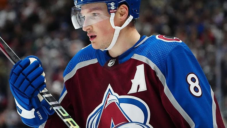 Nov 22, 2023; Denver, Colorado, USA; Colorado Avalanche defenseman Cale Makar (8) during the second period against the Vancouver Canucks at Ball Arena. Mandatory Credit: Ron Chenoy-USA TODAY Sports