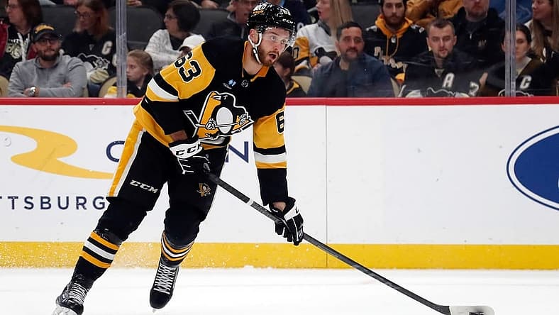 Nov 19, 2023; Pittsburgh, Pennsylvania, USA; Pittsburgh Penguins left wing Radim Zohrna (63) moves the puck against the Vegas Golden Knights during the first period at PPG Paints Arena. Mandatory Credit: Charles LeClaire-USA TODAY Sports