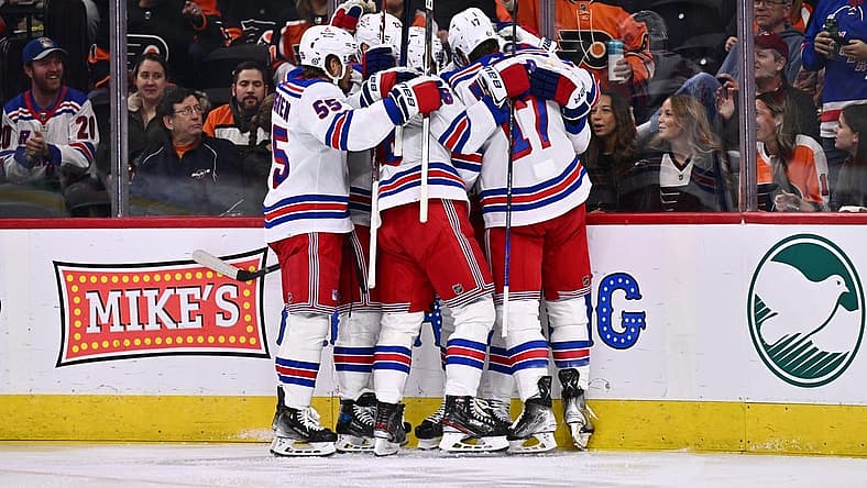 Nov 24, 2023; Philadelphia, Pennsylvania, USA; New York Rangers center Mika Zibanejad (93) celebrates with teammates after scoring a goal against the Philadelphia Flyers in the first period at Wells Fargo Center. Mandatory Credit: Kyle Ross-USA TODAY Sports