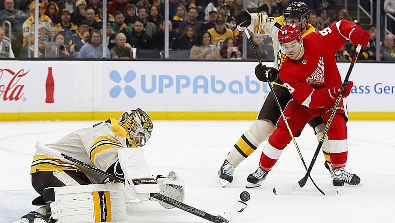 Nov 24, 2023; Boston, Massachusetts, USA; Detroit Red Wings right wing Alex DeBrincat (93) goes for a rebound in front of Boston Bruins goaltender Jeremy Swayman (1) during the second period at TD Garden. Mandatory Credit: Winslow Townson-USA TODAY Sports