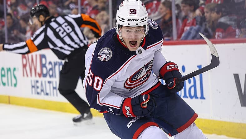 Nov 24, 2023; Newark, New Jersey, USA; Columbus Blue Jackets left wing Eric Robinson (50) celebrates his goal against the New Jersey Devils during the first period at Prudential Center. Mandatory Credit: Ed Mulholland-USA TODAY Sports