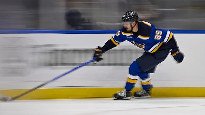 Nov 24, 2023; St. Louis, Missouri, USA; St. Louis Blues left wing Pavel Buchnevich (89) controls the puck against the Nashville Predators during the third period at Enterprise Center. Mandatory Credit: Jeff Curry-USA TODAY Sports