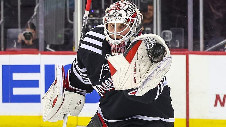 Nov 24, 2023; Newark, New Jersey, USA; New Jersey Devils goaltender Akira Schmid (40) makes a save against the Columbus Blue Jackets during the third period at Prudential Center. Mandatory Credit: Ed Mulholland-USA TODAY Sports