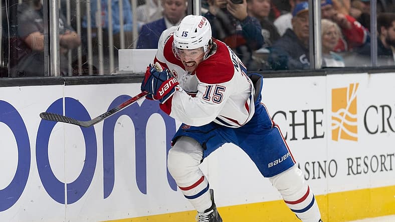 Nov 24, 2023; San Jose, California, USA; Montreal Canadiens center Alex Newhook (15) chases after the puck during the third period against the San Jose Sharks at SAP Center at San Jose. Mandatory Credit: Stan Szeto-USA TODAY Sports