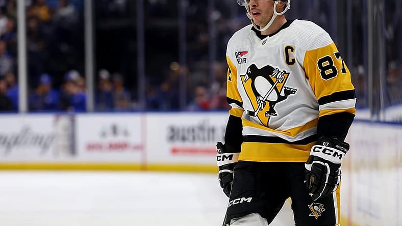 Nov 24, 2023; Buffalo, New York, USA; Pittsburgh Penguins center Sidney Crosby (87) during a stoppage in play against the Buffalo Sabres in the third period at KeyBank Center. Mandatory Credit: Timothy T. Ludwig-USA TODAY Sports