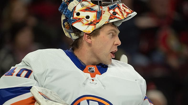 Nov 24 2023; Ottawa, Ontario, CAN; New York Islanders goalie Semyon Varlamov (40) calls out during the first period against the Ottawa Senators at the Canadian Tire Centre. Mandatory Credit: Marc DesRosiers-USA TODAY Sports