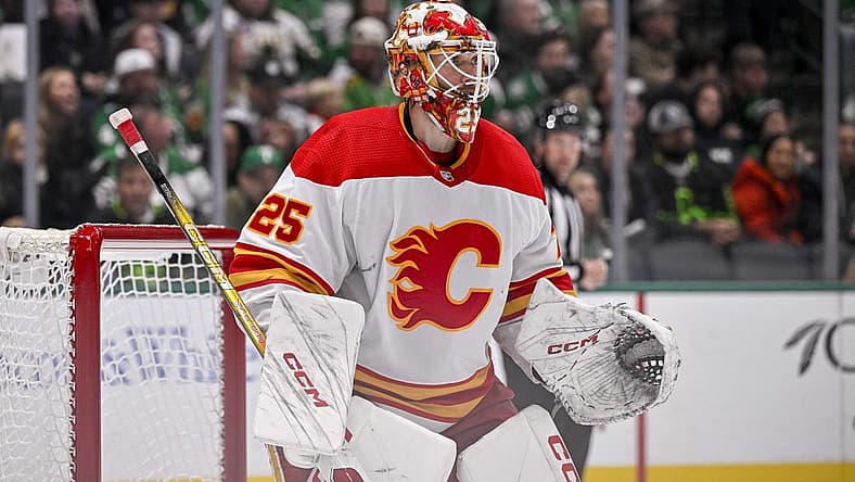 Nov 24, 2023; Dallas, Texas, USA; Calgary Flames goaltender Jacob Markstrom (25) during the game between the Dallas Stars and the Calgary Flames at the American Airlines Center. Mandatory Credit: Jerome Miron-USA TODAY Sports