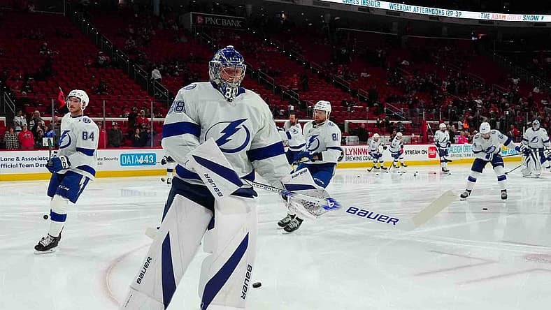 Nov 24, 2023; Raleigh, North Carolina, USA; Tampa Bay Lightning goaltender Andrei Vasilevskiy (88) skates before the game against the Carolina Hurricanes at PNC Arena. Mandatory Credit: James Guillory-USA TODAY Sports