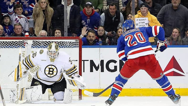 Nov 25, 2023; New York, New York, USA; New York Rangers left wing Chris Kreider (20) takes a shot at Boston Bruins goalie Linus Ullmark (35) during the third period at Madison Square Garden. Mandatory Credit: Danny Wild-USA TODAY Sports