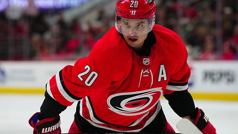 Nov 26, 2023; Raleigh, North Carolina, USA; Carolina Hurricanes center Sebastian Aho (20) looks on during the third period against the Columbus Blue Jackets at PNC Arena. Mandatory Credit: James Guillory-USA TODAY Sports