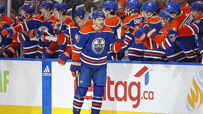 Nov 26, 2023; Edmonton, Alberta, CAN; The Edmonton Oilers celebrate a goal scored by forward Zach Hyman (18) during the second period against the Anaheim Ducks at Rogers Place. Mandatory Credit: Perry Nelson-USA TODAY Sports