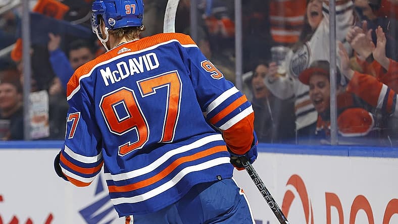 Nov 26, 2023; Edmonton, Alberta, CAN; Edmonton Oilers forward Connor McDavid (97) celebrates after scoring a goal against the Anaheim Ducks during the first period at Rogers Place. Mandatory Credit: Perry Nelson-USA TODAY Sports