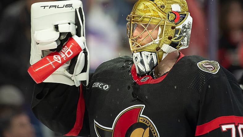 Nov 27 2023; Ottawa, Ontario, CAN; Ottawa Senators goalie Joonas Korpisalo (70) cools down prior to the start of the second period against the Florida Panthers at the Canadian Tire Centre. Mandatory Credit: Marc DesRosiers-USA TODAY Sports