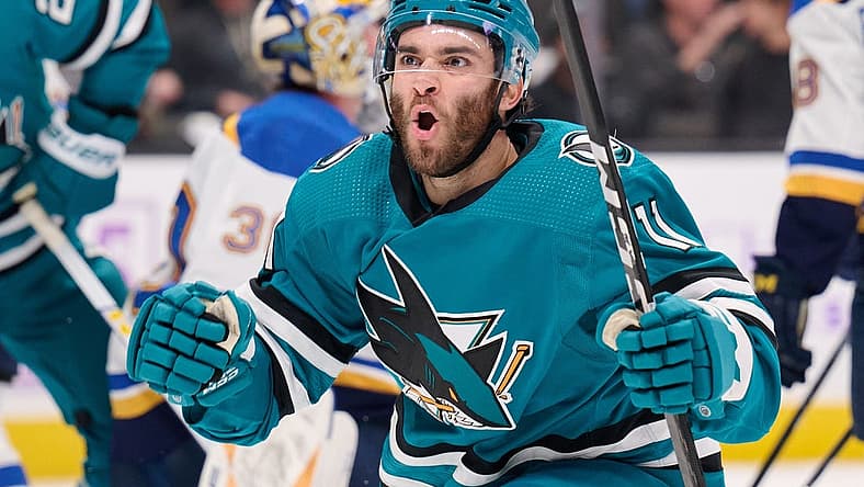 Nov 16, 2023; San Jose, California, USA; San Jose Sharks center Luke Kunin (11) reacts after scoring a goal against the St. Louis Blues during the second period at SAP Center at San Jose. Mandatory Credit: Robert Edwards-USA TODAY Sports