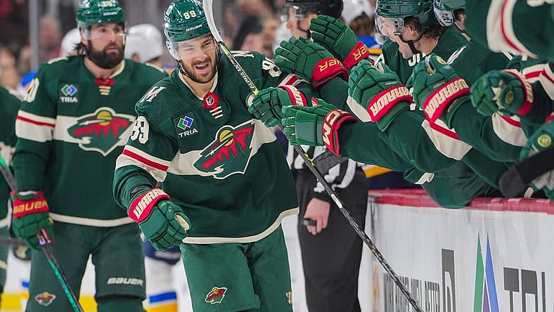 Nov 28, 2023; Saint Paul, Minnesota, USA; Minnesota Wild center Frederick Gaudreau (89) celebrates his goal against the St. Louis Blues in the first period at Xcel Energy Center. Mandatory Credit: Brad Rempel-USA TODAY Sports