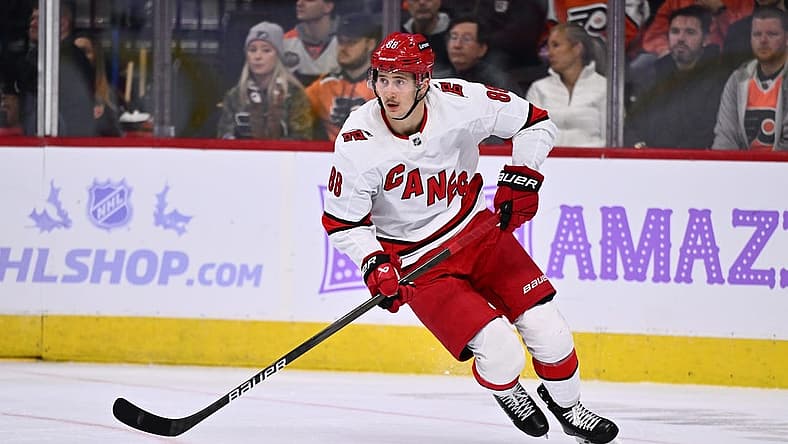 Nov 28, 2023; Philadelphia, Pennsylvania, USA; Carolina Hurricanes center Martin Necas (88) controls the puck against the Philadelphia Flyers in the second period at Wells Fargo Center. Mandatory Credit: Kyle Ross-USA TODAY Sports