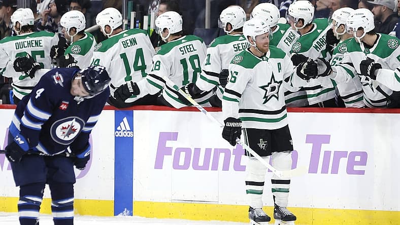 Nov 28, 2023; Winnipeg, Manitoba, CAN; Dallas Stars center Joe Pavelski (16) celebrates his second period goal against the Winnipeg Jets at Canada Life Centre. Mandatory Credit: James Carey Lauder-USA TODAY Sports