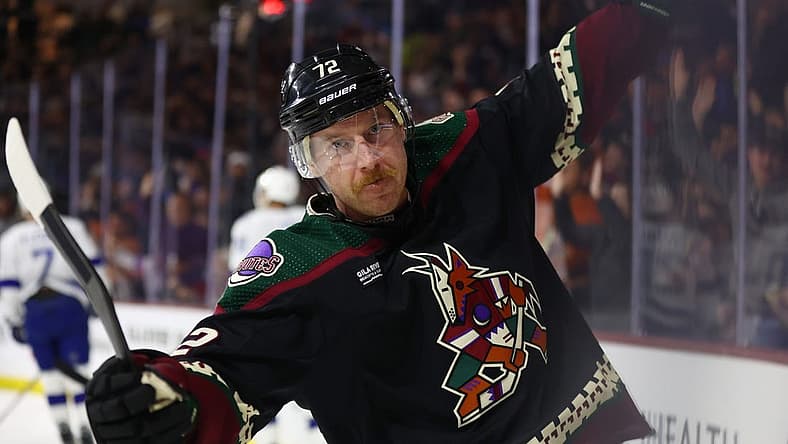 Nov 28, 2023; Tempe, Arizona, USA; Arizona Coyotes center Travis Boyd (72) celebrates after scoring a goal against the Tampa Bay Lightning in the second period at Mullett Arena. Mandatory Credit: Mark J. Rebilas-USA TODAY Sports
