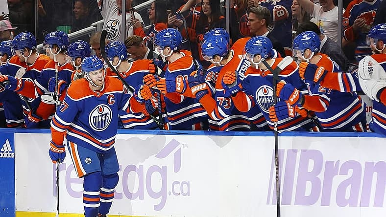 Nov 28, 2023; Edmonton, Alberta, CAN; Edmonton Oilers forward Connor McDavid (97) celebrates after scoring a goal during the second period against the Vegas Golden Knights at Rogers Place. Mandatory Credit: Perry Nelson-USA TODAY Sports