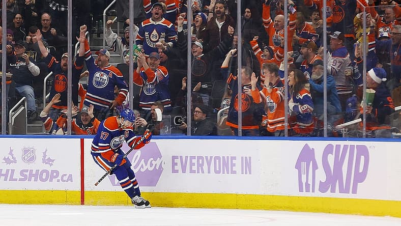 Nov 28, 2023; Edmonton, Alberta, CAN; Edmonton Oilers forward Connor McDavid (97) celebrates after scoring a goal during the second period against the Vegas Golden Knights at Rogers Place. Mandatory Credit: Perry Nelson-USA TODAY Sports