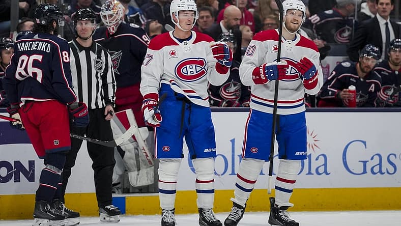 Nov 29, 2023; Columbus, Ohio, USA; Montreal Canadiens defenseman Gustav Lindstrom (27) celebrates scoring a goal against the Columbus Blue Jackets in the third period at Nationwide Arena. Mandatory Credit: Aaron Doster-USA TODAY Sports