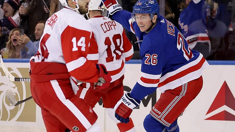Nov 29, 2023; New York, New York, USA; New York Rangers left wing Jimmy Vesey (26) celebrates his game winning goal in front of Detroit Red Wings center Robby Fabbri (14) and center Andrew Copp (18) during the third period at Madison Square Garden. Mandatory Credit: Brad Penner-USA TODAY Sports