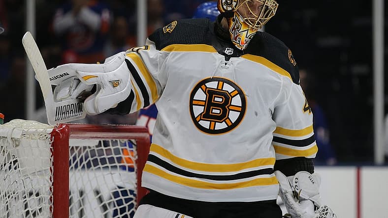 Jun 9, 2021; Uniondale, New York, USA; Boston Bruins goalie Tuukka Rask (40) reacts after a goal by the New York Islanders during the second period of game six of the second round of the 2021 Stanley Cup Playoffs at Nassau Veterans Memorial Coliseum. Mandatory Credit: Brad Penner-USA TODAY Sports