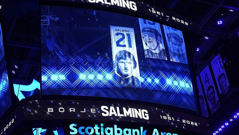 Nov 30, 2022; Toronto, Ontario, CAN; The scoreboard displays a tribute to the late Toronto Maple Leafs Borje Salming before the start of the first period between the San Jose Sharks and Toronto Maple Leafs at Scotiabank Arena. Mandatory Credit: John E. Sokolowski-USA TODAY Sports