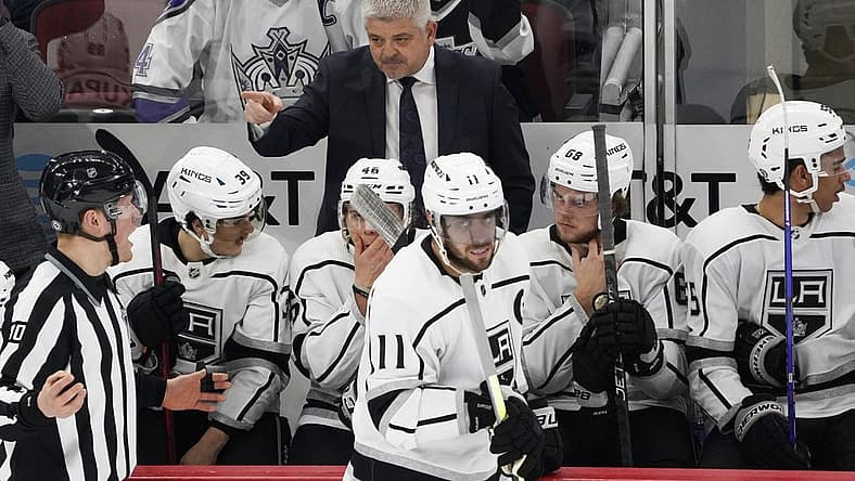 Jan 22, 2023; Chicago, Illinois, USA; Los Angeles Kings head coach Todd McLellan gestures to the referee after a penalty call during the third period at United Center. Mandatory Credit: David Banks-USA TODAY Sports