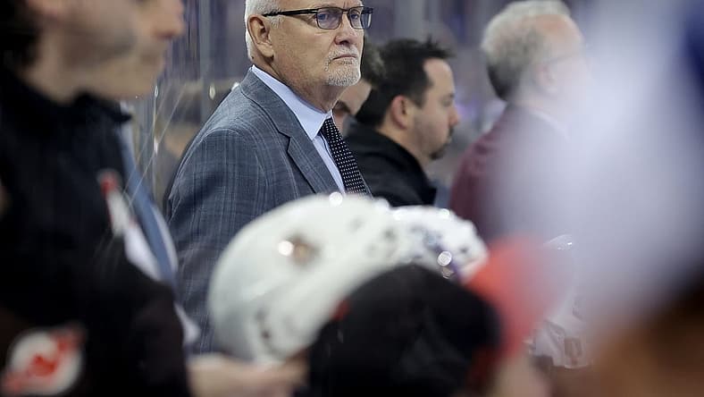Apr 24, 2023; New York, New York, USA; New Jersey Devils head coach Lindy Ruff coaches against the New York Rangers during the second period in game four of the first round of the 2023 Stanley Cup Playoffs at Madison Square Garden. Mandatory Credit: Brad Penner-USA TODAY Sports