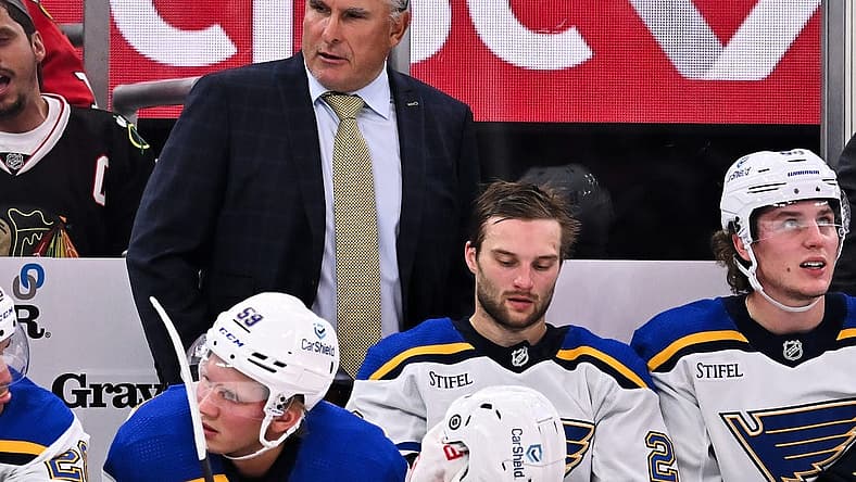 Sep 28, 2023; Chicago, Illinois, USA; St. Louis Blues head coach Craig Berube watches his team play against the Chicago Blackhawks at United Center. Mandatory Credit: Jamie Sabau-USA TODAY Sports