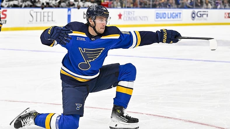 Oct 19, 2023; St. Louis, Missouri, USA; St. Louis Blues left wing Jakub Vrana (15) celebrates after scoring against the Arizona Coyotes during the second period at Enterprise Center. Mandatory Credit: Jeff Curry-USA TODAY Sports