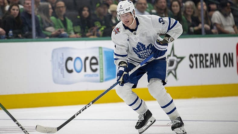 Oct 26, 2023; Dallas, Texas, USA; Toronto Maple Leafs defenseman John Klingberg (3) in action during the game between the Dallas Stars and the Toronto Maple Leafs at the American Airlines Center. Mandatory Credit: Jerome Miron-USA TODAY Sports