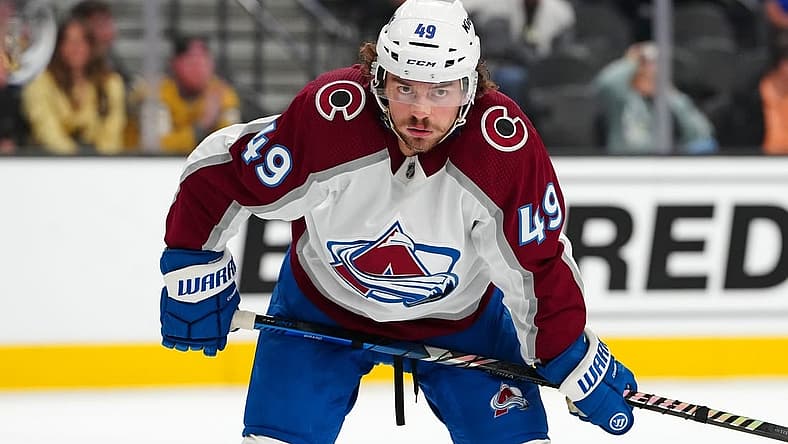 Nov 4, 2023; Las Vegas, Nevada, USA; Colorado Avalanche defenseman Samuel Girard (49) awaits a face off against the Vegas Golden Knights during the first period at T-Mobile Arena. Mandatory Credit: Stephen R. Sylvanie-USA TODAY Sports