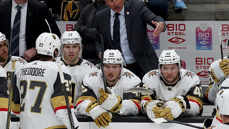 Nov 5, 2023; Anaheim, California, USA; Vegas Golden Knights head coach Bruce Cassidy talks to his team during the second period against the Anaheim Ducks at Honda Center. Mandatory Credit: Jason Parkhurst-USA TODAY Sports