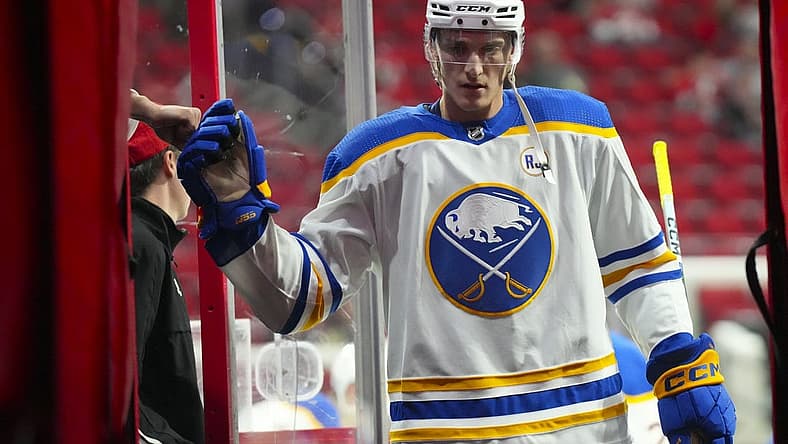 Nov 7, 2023; Raleigh, North Carolina, USA; Buffalo Sabres right wing Tage Thompson (72) comes off the ice after the warmups before the game against the Carolina Hurricanes at PNC Arena. Mandatory Credit: James Guillory-USA TODAY Sports