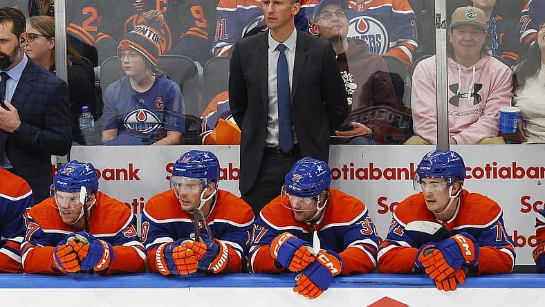 Nov 13, 2023; Edmonton, Alberta, CAN; Edmonton Oilers Head Coach Kris Knoblauch looks on against the New York Islanders at Rogers Place. Mandatory Credit: Perry Nelson-USA TODAY Sports